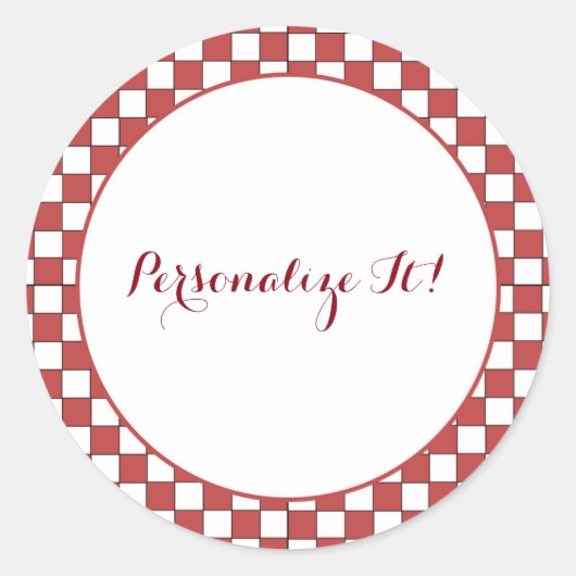 Rot und Weiß Gingham Runder Aufkleber (Vorderseite)