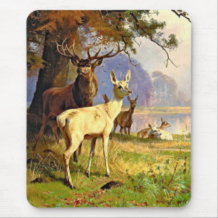 Rot und Weiß Hirsche in der Nähe eines Waldteiches Mousepad