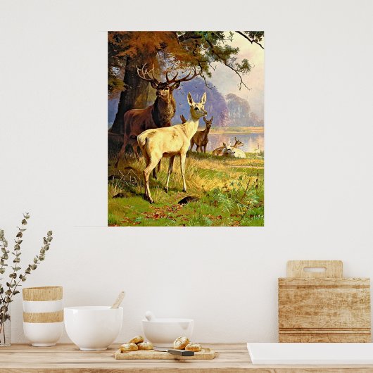 Rot und Weiß Hirsche in der Nähe eines Waldteiches Poster (Küche)