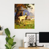 Rot und Weiß Hirsche in der Nähe eines Waldteiches Poster (Heimbüro)