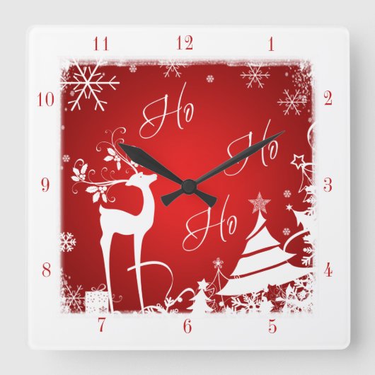 Rot und Weiß Ho Ho Weihnachtszeit mit Hirsch Quadratische Wanduhr (Vorderseite)