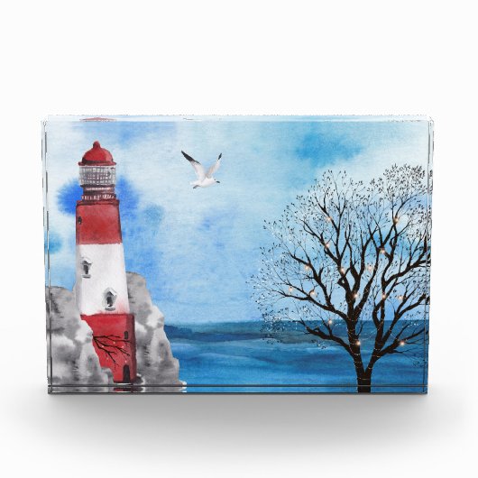 Rot und Weiß Leuchtturm Wasserfarben-Szene Fotoblock (Vorderseite)