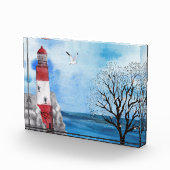 Rot und Weiß Leuchtturm Wasserfarben-Szene Fotoblock (Rechts)