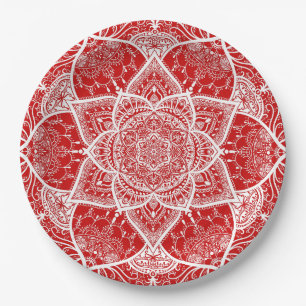 Rot und Weiß Mandala - Loergano in Cherry Pappteller
