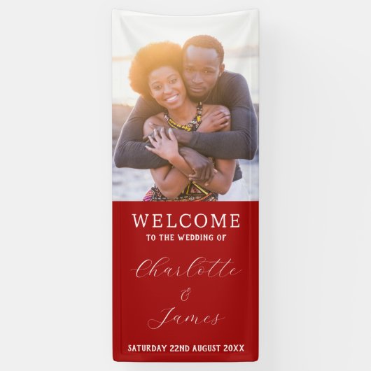 Rot und Weiß nur verheiratet Foto Hochzeitscouch Banner (Vertikal)