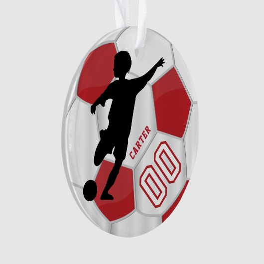 Rot und Weiß personalisieren Boy Soccer Player Ornament (Vorderseite)