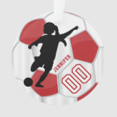Rot und Weiß personalisieren Girl Soccer Player Ornament (Vorderseite)