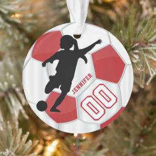 Rot und Weiß personalisieren Girl Soccer Player Ornament