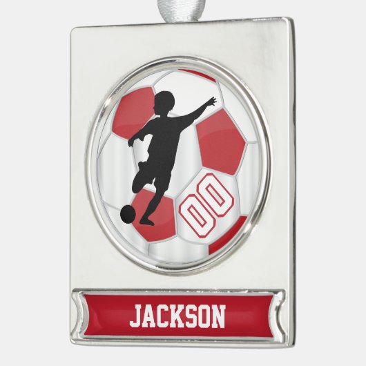 Rot und Weiß personifiziert Jungen-Fußball-Spieler Banner-Ornament Silber (Links)