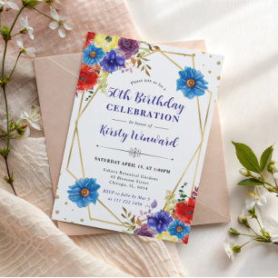 Rot, Violett und Blau  Sommerblumen 50. Geburtstag Einladung