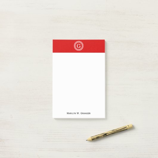 Rot, was griechischer Schlüsselrahmen, erstes Mono Post-it Klebezettel (Auf Schreibtisch)