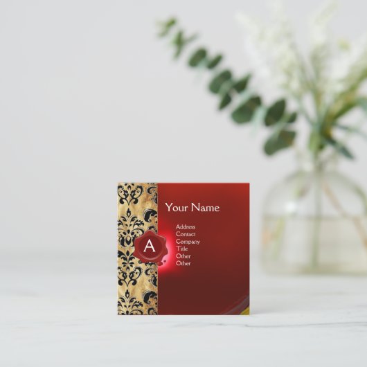ROT-WAX-SIEGEL-DAMASK-PARKMONOGRAMM QUADRATISCHE VISITENKARTE (Stehend Vorderseite)