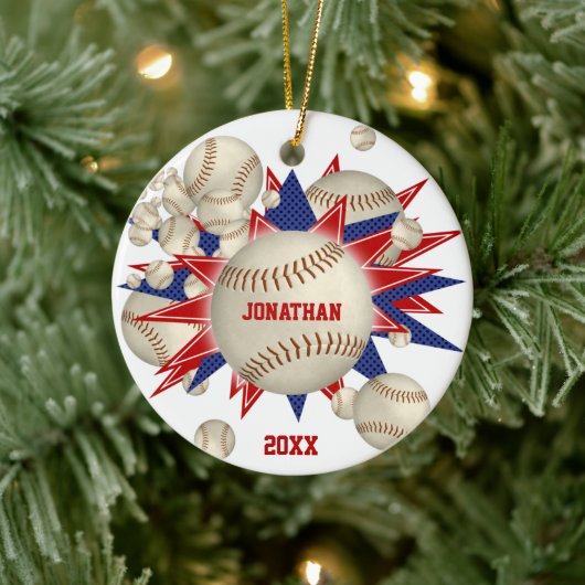 Rot-Weiß-Baseball-Softball-Blowout-Junge Keramik Ornament (Baum)