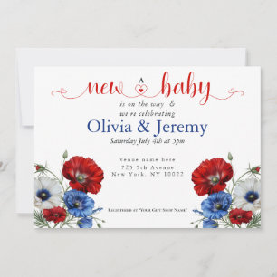 Rot-Weiß-Blau-Blumen-Baby-Party Einladung