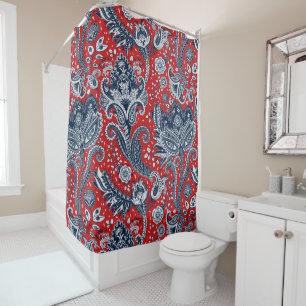 Rot Weiß & Blau Floral Paisley Bohemian Boho Duschvorhang
