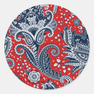 Rot Weiß & Blau Floral Paisley Bohemian Boho Runder Aufkleber