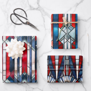 Rot Weiß Blau Patriotisches Buntglas 4. Juli Geschenkpapier Set