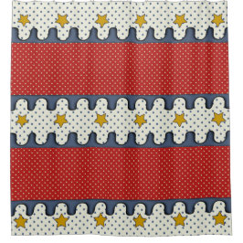 Rot, Weiß, Blau - Polka Punkte, Streifen und Stern Duschvorhang
