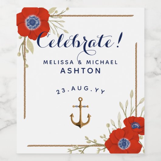 Rot, Weiß, Blaue Anemonen bei Hochzeit Weinetikett (Einzelnes Label)