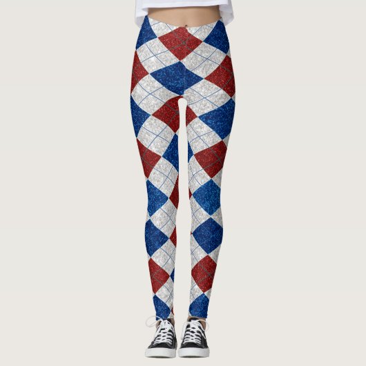 Rot, Weiß, Blaue Raute 4. Juli Glitzer Leggings (Vorderseite)