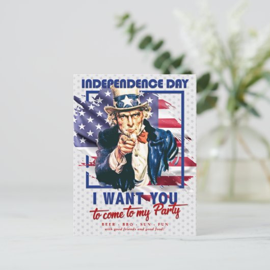 Rot, Weiß, Blauer Onkel Sam 4. Juli Einladung Postkarte (Stehend Vorderseite)