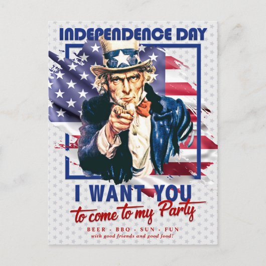 Rot, Weiß, Blauer Onkel Sam 4. Juli Einladung Postkarte (Vorderseite)