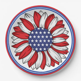 Rot, Weiß, Blaues Patriotisches Sonnenblumen Pappteller