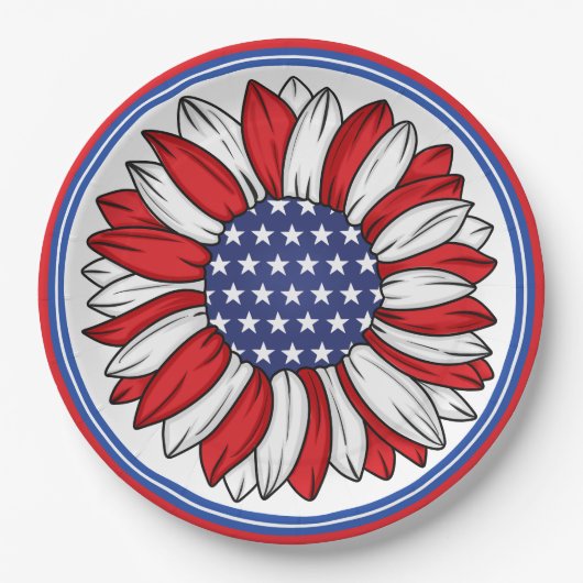 Rot, Weiß, Blaues Patriotisches Sonnenblumen Pappteller (Vorderseite)
