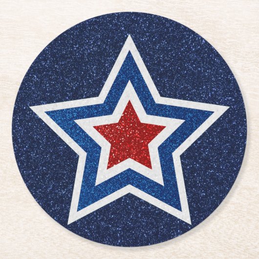 Rot, Weiß, Blue Star 4. Juli Glitzer Runder Pappuntersetzer (Vorderseite)
