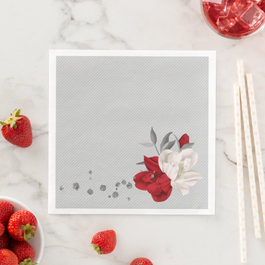 Rot-Weiß-Blume auf grauem Hintergrund Hochzeit Serviette (Beispiel)