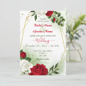 Rot-Weiß-Blume Grüne goldene geometrische Hochzeit Einladung (Stehend Vorderseite)