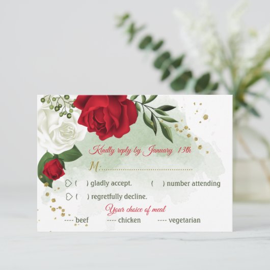 Rot-Weiß-Blume, grüne Speisen RSVP Karte (Stehend Vorderseite)