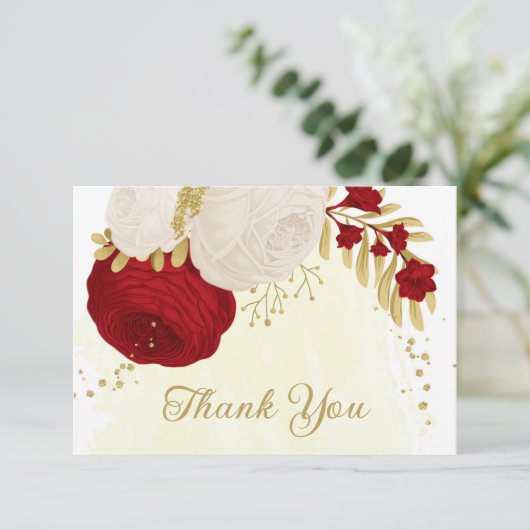 Rot-Weiß-Blume-Hochzeit Dankeskarte (Stehend Vorderseite)