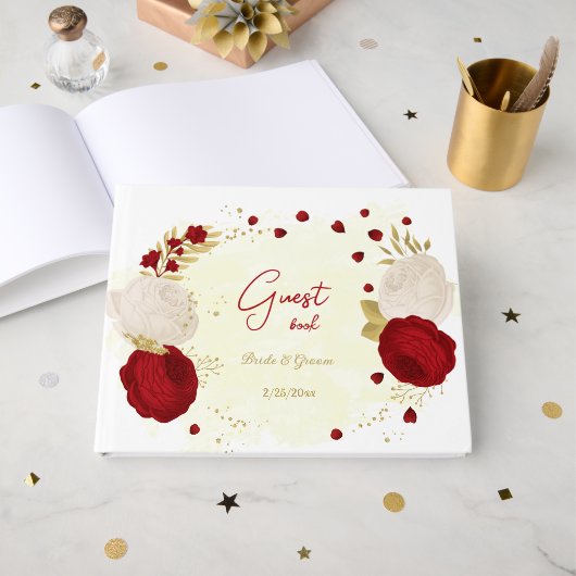 Rot-Weiß-Blume-Hochzeit Gästebuch (Vorderseite Offen)