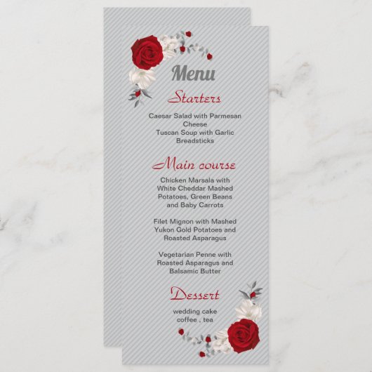 Rot-Weiß-Blume, silberne Blätter Hochzeit Menükarte (Vorne/Hinten)