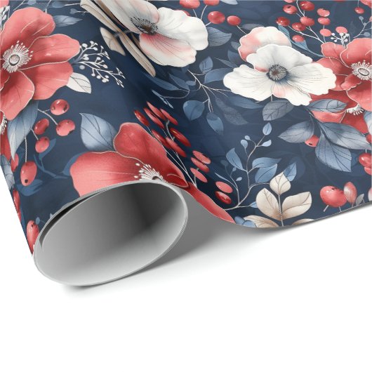 Rot-Weiß-Blumenmuster auf Deep Navy Geschenkpapier (Rolleneckpunkt)