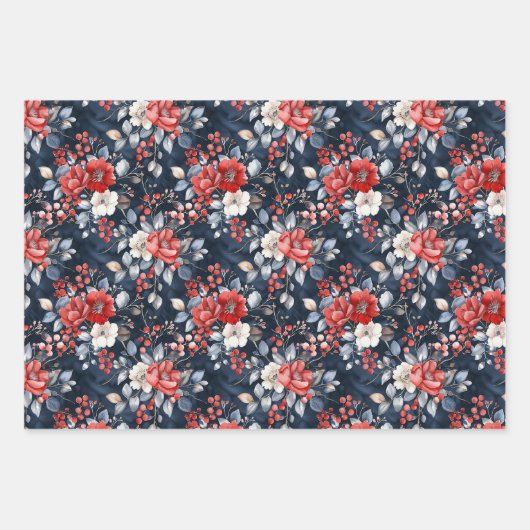 Rot-Weiß-Blumenmuster auf Deep Navy Geschenkpapier Set (Vorderseite 2)
