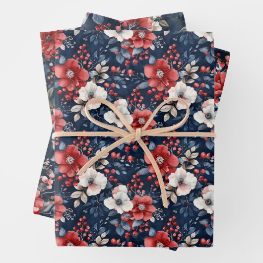 Rot-Weiß-Blumenmuster auf Deep Navy Geschenkpapier Set (Beispiel)