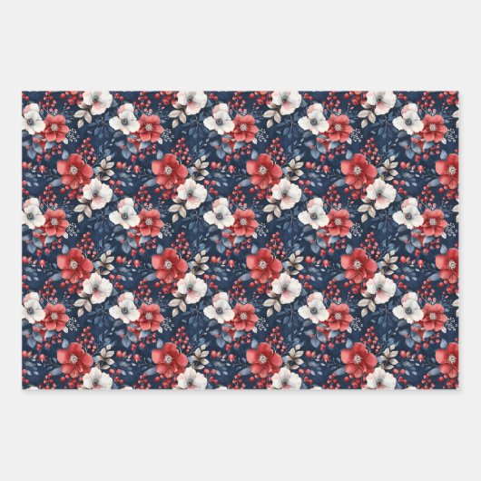 Rot-Weiß-Blumenmuster auf Deep Navy Geschenkpapier Set (Vorderseite)