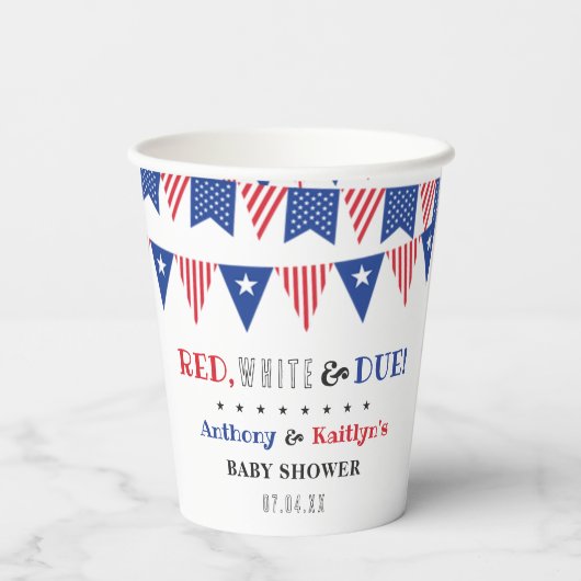 Rot, Weiß & Due! Babydusche am 4. Juli Pappbecher (Rückseite)