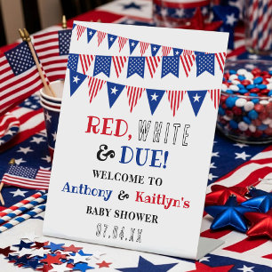 Rot, Weiß & Fällig! Willkommen zur Babyparty am 4. Sockelschild