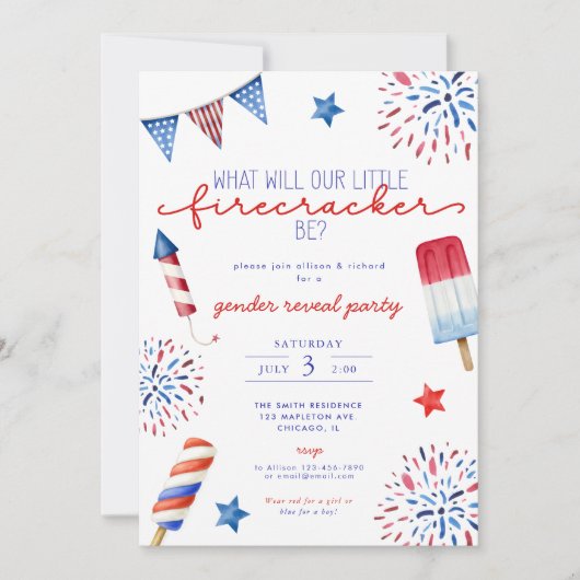 Rot-Weiß-Gender am 4. Juli enthüllt Firecracker Einladung (Vorderseite)