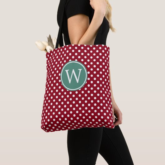 Rot-Weiß gepunktet mit tiefem Teal-Monogramm Tasche (Von Nahem)