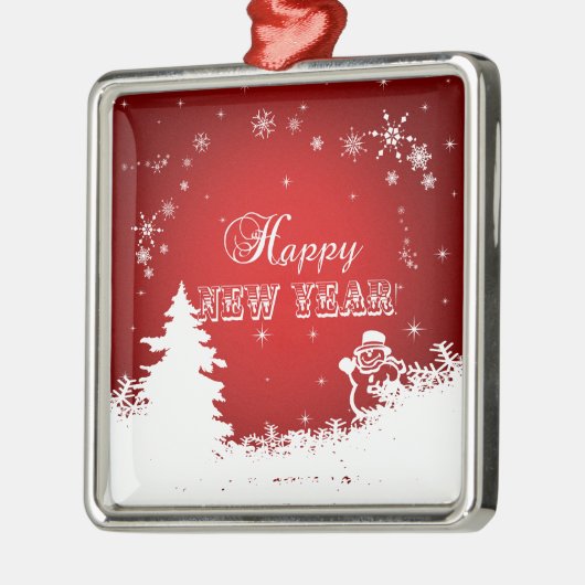 Rot-Weiß-Happy-Neujahrstypografie Silbernes Ornament (Links)