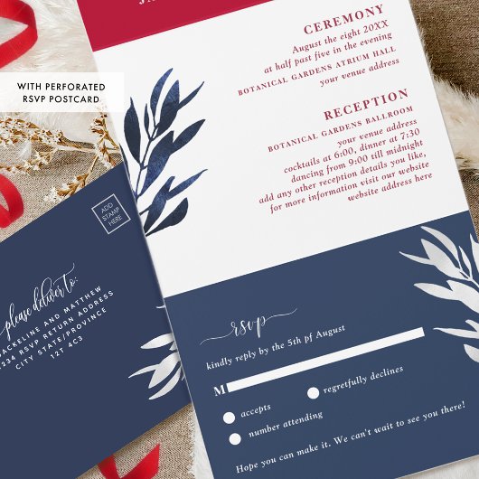 Rot-Weiß-Hochzeit mit Perforated UAWG Al All In One Einladung