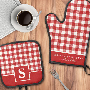 Rot-Weiß kariert mit Monogramm Ofenhandschuh & Topflappen-Set