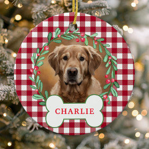 Rot-Weiß karierter Hunde-Foto-Weihnachtskranz Keramik Ornament
