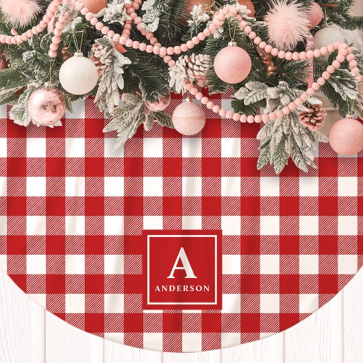 Rot-Weiß kariertes Monogramm Polyester Weihnachtsbaumdecke