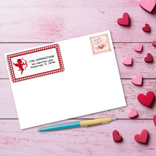 Rot-Weiß-Karo-Gingham-Valentins-Cupid- und Bogen Adressaufkleber