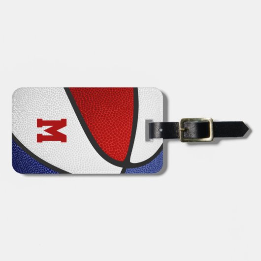 Rot-Weiß-Mannschaftsfarben Monogramm-Basketball Gepäckanhänger (Vorderseite horizontal)